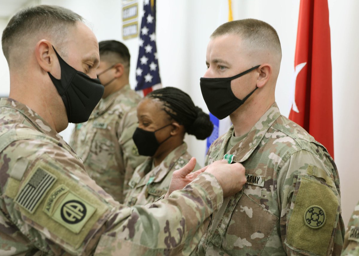 310Esc's tweet photo. Brig Gen. Justin Swanson, commander of the 310th Expeditionary Sustainment Command and Sgt. Maj Keith Gwin, recognize the accomplishments of first wave of Soldiers that will begin the journey home, in a awards ceremony, held here on 24 June. @USArmyReserve https://t.co/QWNHv0nxhd