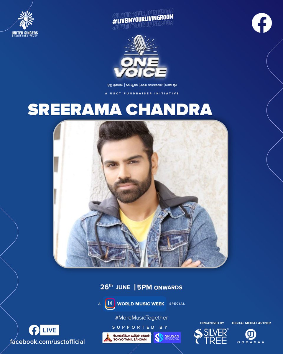 Get ready to be mesmerized as Sreerama Chandra comes LIVE. 

Visit usct.in/donate-now for donation

#SreeramaChandra #USCT #MakeMusicTogether #LiveInYourLivingRoom #SocialForGood #WorldMusicWeek #OneVoice <a href="/Sreeram_singer/">Sreerama Chandra</a>