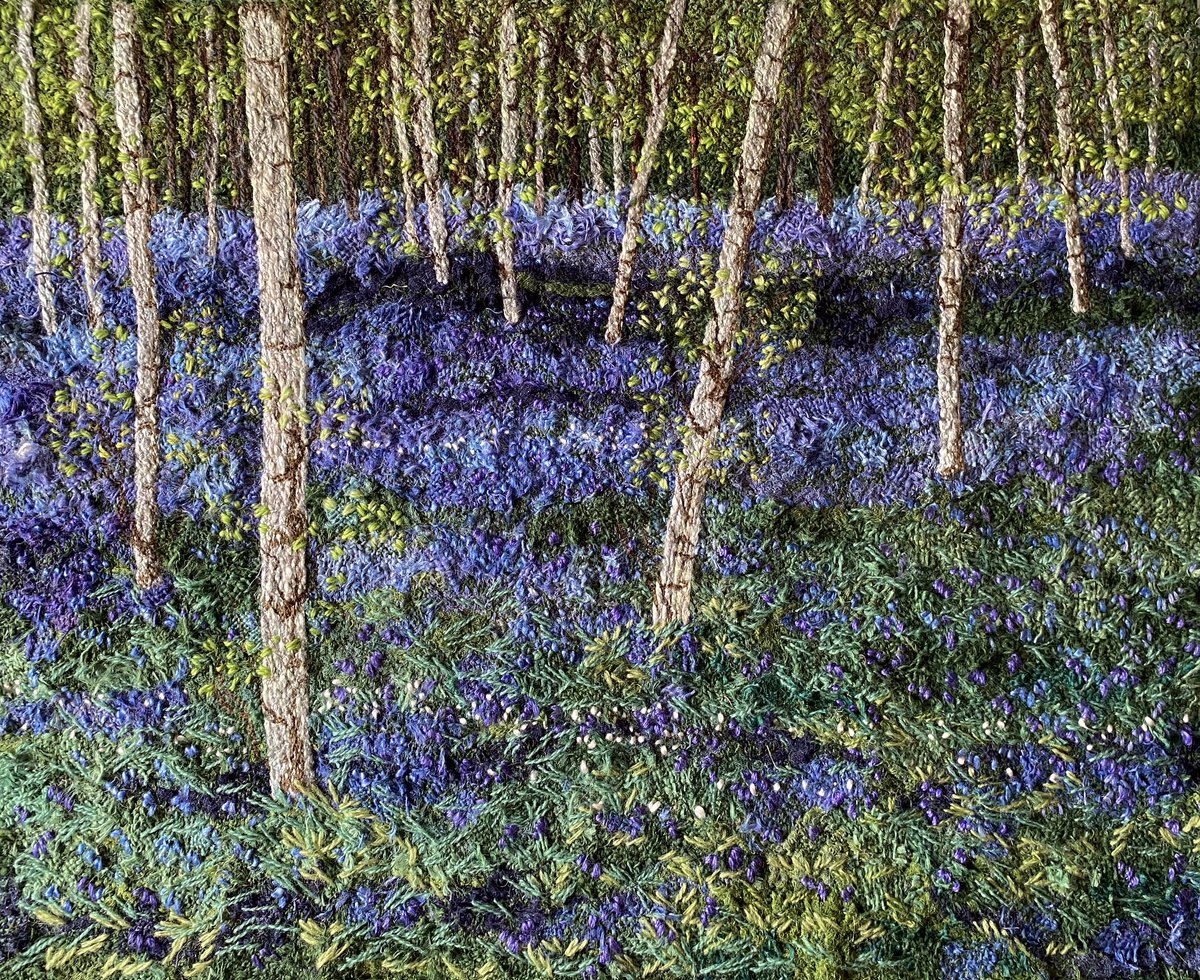 ‘Arlington Blue’, centre piece of a triptych. #textileart #embroidery #textiles #landscape #bluebells #BatesGreenFarm @bluebellwalk