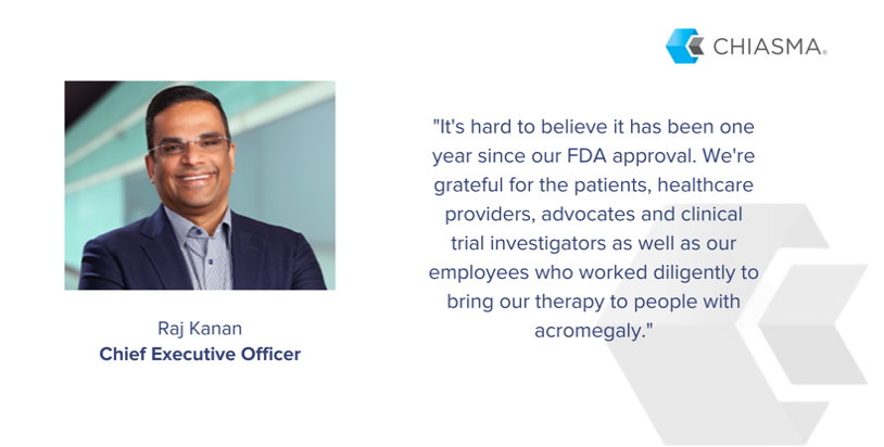 chiasmapharma's tweet photo. One year ago today, our first and only oral therapy for #acromegaly was approved by the @US_FDA! We are inspired every day to team up with healthcare providers to deliver it to patients in need. https://t.co/acPgK0e85Y
