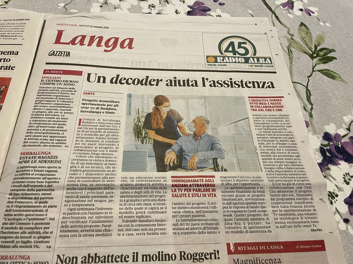 La tecnologia integrata nella TV per l'assistenza remota agli anziani ai tempi del COVID. Articolo su #GazzettaDAlba presenta la sperimentazione che faremo per progetto <a href="/SmartSatCare/">SmartSatCare</a> finanziato da <a href="/esa/">European Space Agency</a> in collaborazione con #ASL #CN2 Alba-Bra <a href="/CNRsocial_/">CNR Consiglio Nazionale delle Ricerche</a> <a href="/cnr_istc/">ISTC_CNR</a>