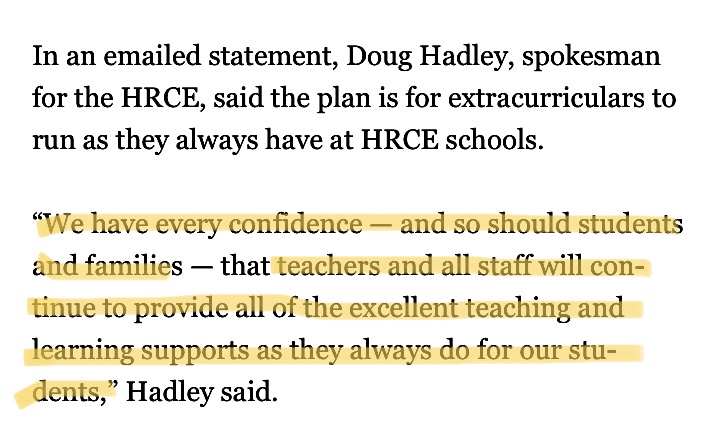 withwozney's tweet image. After cutting the number of high school teaching staff across HRM by 12.5% by eliminating UIT, @HRCE_NS&apos;s stated expectation is that all remaining staff with significantly higher workload are to pick up extras staff no longer around once did:
saltwire.pressreader.com/article/281621… /1