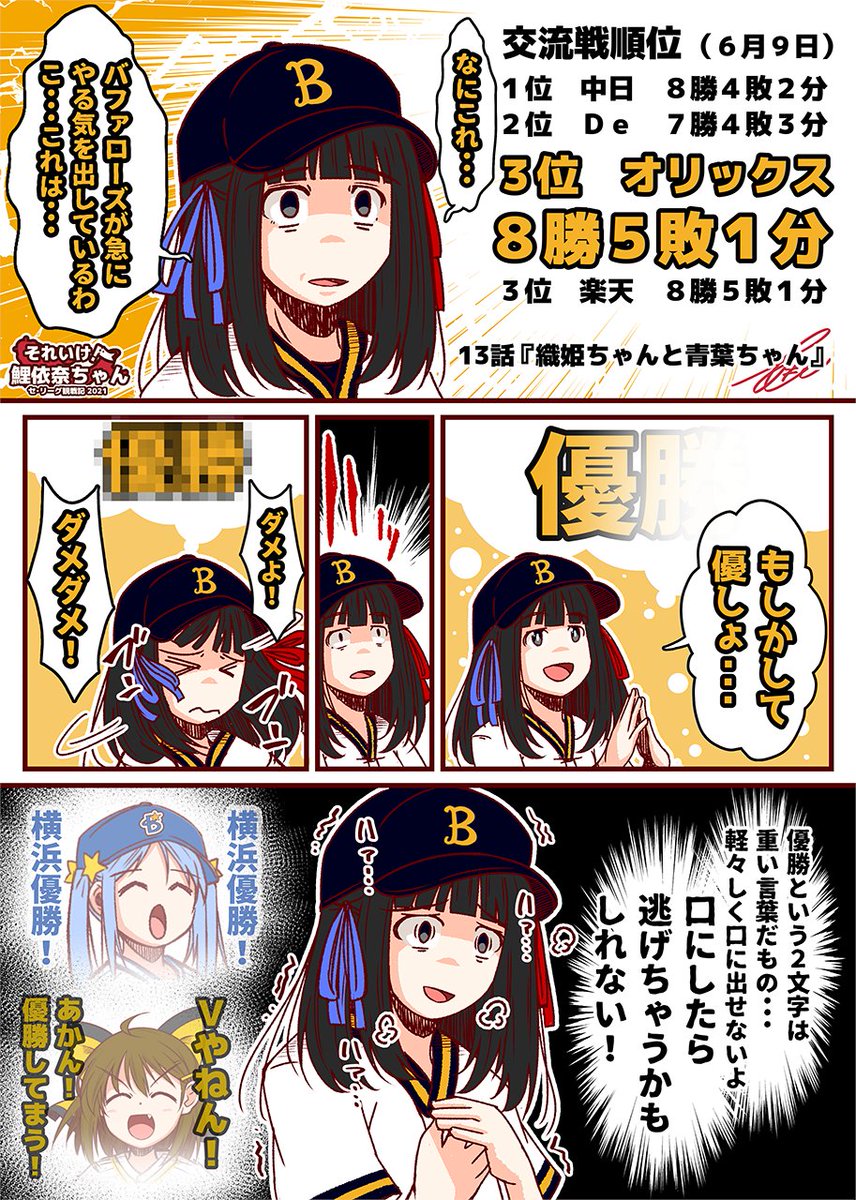 それいけ鯉依奈ちゃん 2021
第14話『織姫ちゃんと青葉ちゃん』
#それいけ鯉依奈ちゃん 

オリックス・バファローズと楽天イーグルスの交流戦優勝争い。
壮絶な順位争いでしたね!

・・・って、あれ?主人公さんは? 