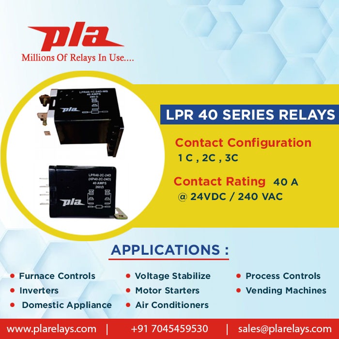 PlaRelays's tweet photo. LPR 40 Series Relay
Contact Configuration 
1C ,2C &amp; 3C
Contact Rating
40A
@ 24 VDC / 240 VAC

https://t.co/1LniZATv4L
sales@plarelays.com

#plarelays #pluguinrelay #reedrelay #sip #dip #contact #configuration #lpr40 #Dc #mccp #pmcm #lpr #reedrelay #electric #DeltaPlusVariant https://t.co/RbYjkGUtCw