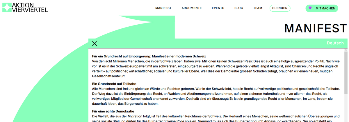 AVierviertel's tweet photo. Über 1'700 Menschen haben bereits unser Manifest für ein Grundrecht auf Einbürgerung unterzeichnet - du auch? https://t.co/lz4cj7I3MR #Bürgerrecht #Demokratiefüralle #CHpass https://t.co/cNviWev1GC