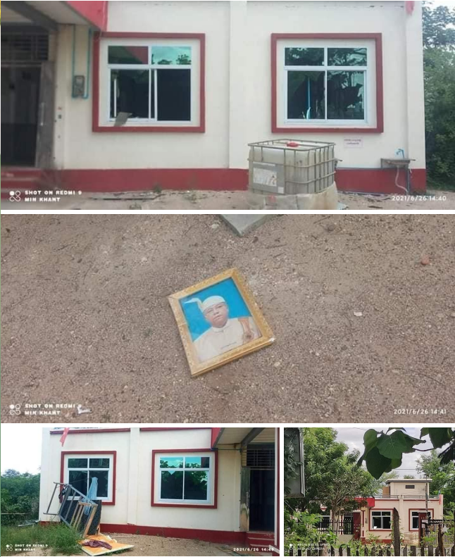 spring21MM's tweet photo. Military terrorists raided NLD office in #Pale Township, #Sagaing Region this morning and destroyed all the properties inside the office.
-In addition, terrorists also opened gunfires &amp; used sound bombs in the office yard.
#June26Coup
#WhatsHappeningInMyanmar
#ReleaseTheDetainees https://t.co/JxsxWQv4bQ