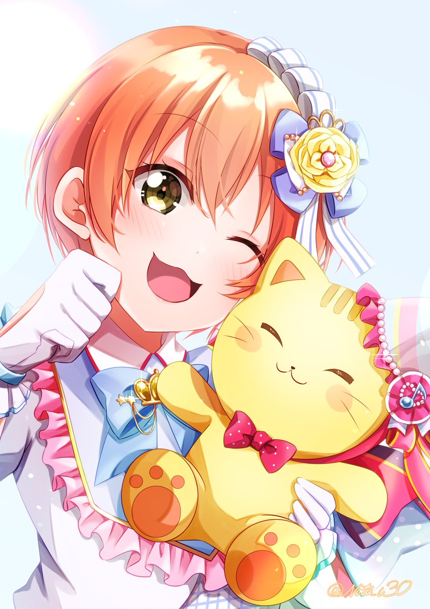 hoshizora rin 1girl one eye closed short hair gloves stuffed toy orange hair white gloves  illustration images