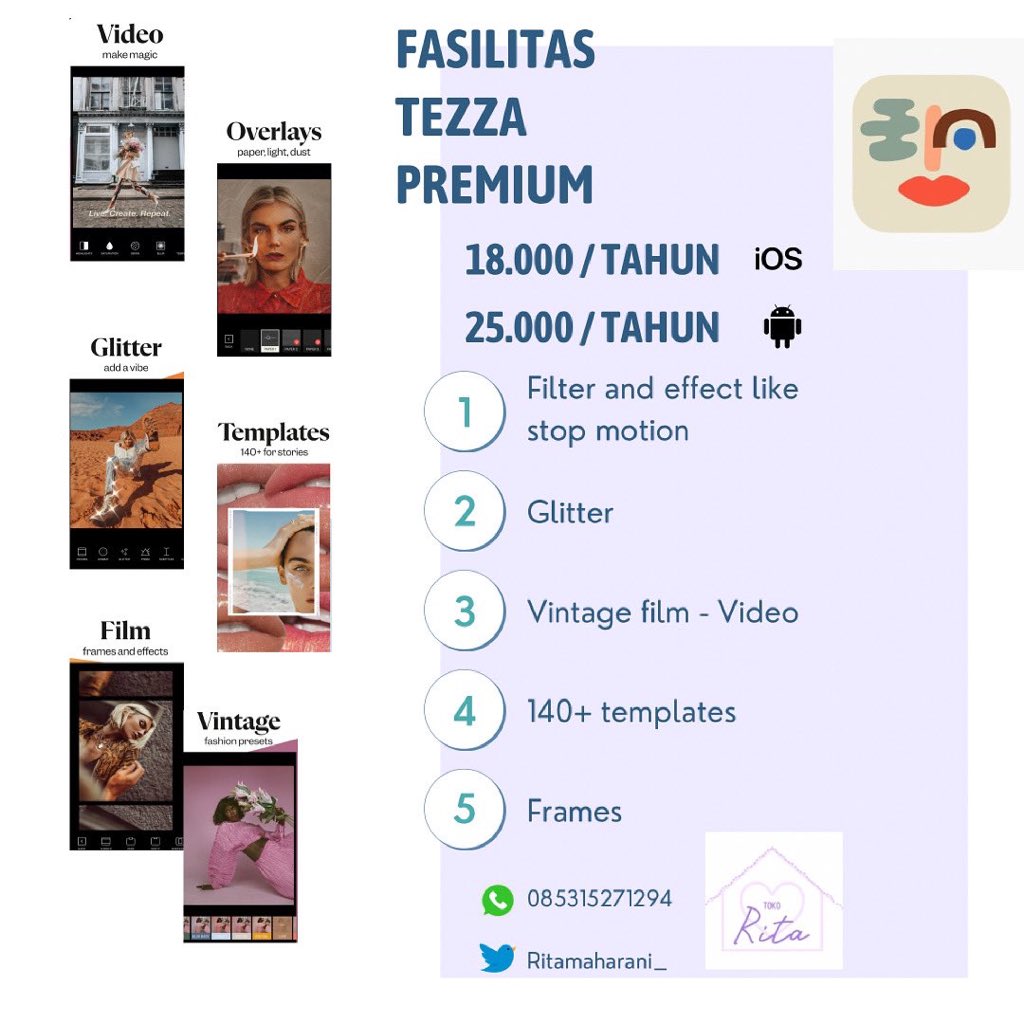 ritamaharani_'s tweet image. Aplikasi Tezza pro premium ✅
.
Rp 18.000 ios ( iphone, macb, imac) : setahun
Rp 25.000 android : setahun
.
Order legal by Apple id ✅
garansi ✅
1 device ✅

Kontak 📞 wa : 085315271294 
.
#tezzaapp #tezzafullpack #tezzafullpackmurah #tezzapresets #tezzapro #tezzapremium