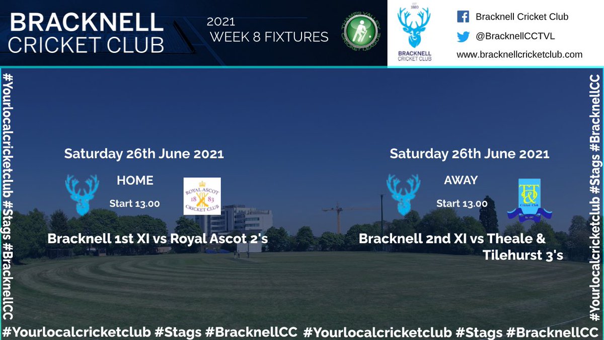 BracknellCCTVL's tweet photo. Week 8!

Today the 1st XI host @royalascotcc 2s at Larges Lane and the 2nd XI travel to @TnTCricket 3s 🏏

Go well lads! 🦌

#yourlocalcricketclub #stags #bracknellcc https://t.co/oq9HzRql8L