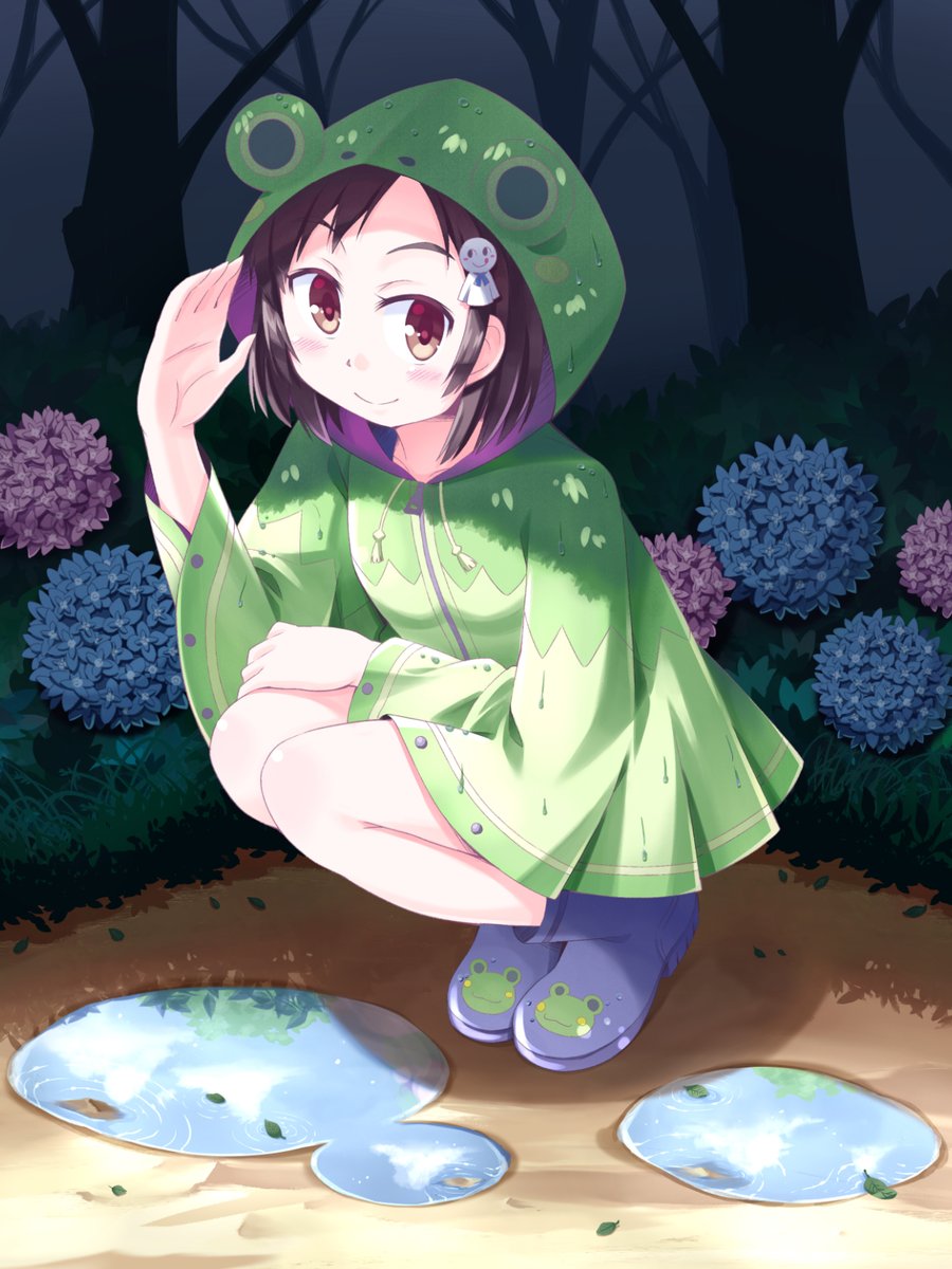 もるじぃ 雨やんだかな 創作 女の子 梅雨 紫陽花 カエル レザーポンチョ 水たまり