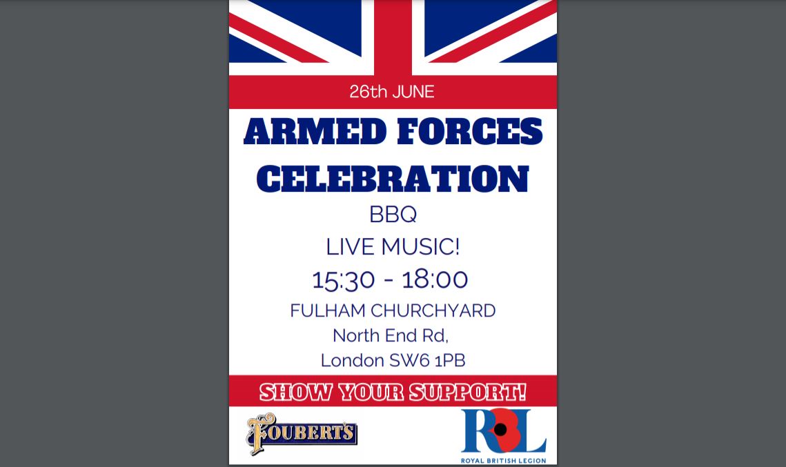 Our local veterans are celebrating Armed Forces Day at <a href="/StJohnsSW6/">St John's Fulham</a> north churchyard today, 26/6. Come join us for an afternoon of music and a BBQ, and ice-cream from Foubert's Fulham. 
#fulhambroadway #ArmedForcesDay @discoverfulham  <a href="/NorthEndRdMrkt/">North End Road</a> <a href="/Fulhamsw6com/">FulhamSW6</a>