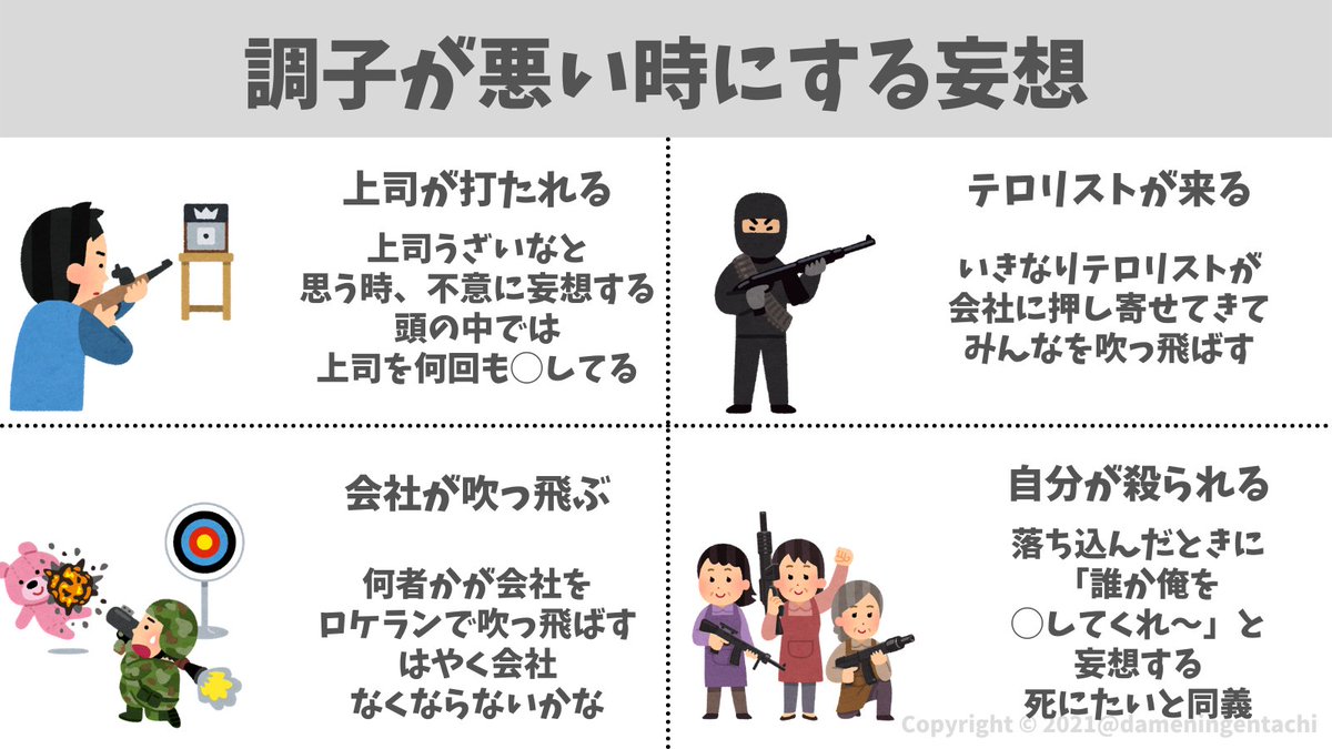 ヤマシ ダメ人間たちの日常 On Twitter Adhdの方 脳内多動激しすぎてよく妄想しない 俺はよくあるから妄想が起こる場面と妄想する内容をまとめてみた みんなはどんなこと妄想する