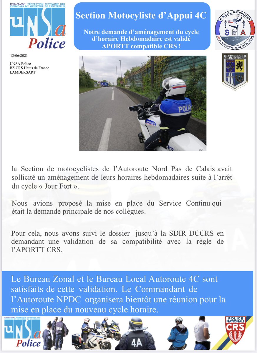 Unsa Police Crs Hauts De France On Twitter Crs Autoroute Nord Notre Demande D Amenagement Du Cycle Horaire Hebdomadaire Est Valide Aportt Compatible Crs Le Bz Crs Nord Au