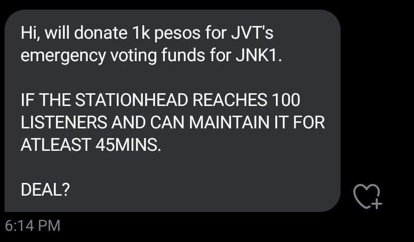 jnkvotingteam's tweet photo. Hi, an anonymous account will donate Php1,000 to us for voting funds on JNK1.

If we will reach 100 listeners on stationhead.
Can we please make this happen?

#JENNIE https://t.co/tZSN2KqHzS