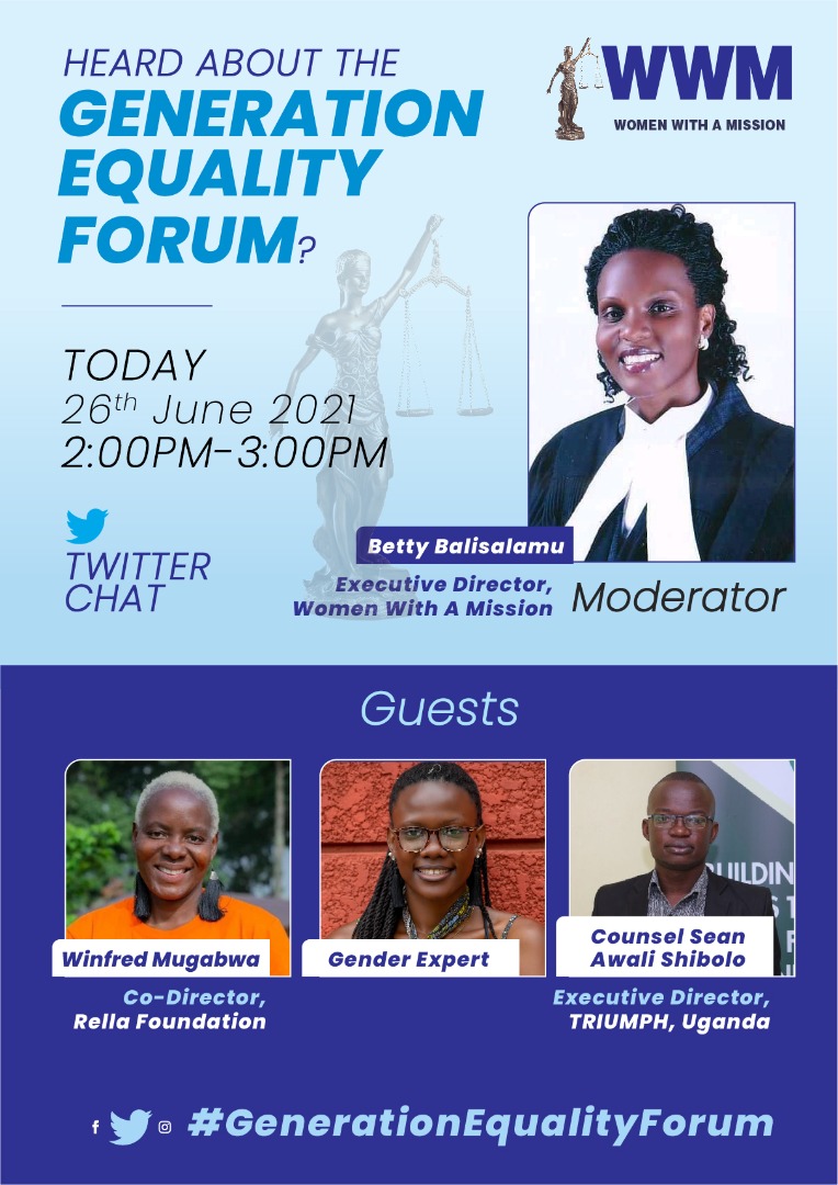 Evelyn_Nakaayi's tweet photo. As we wait for the #GenerationEquality forum happening in Paris, don't miss today's tweet chat with @WomenWithAMiss1 at 2PM-3PM as she informs us about Generation Equality Forum, meanwhile you should be registering for the main event https://t.co/Enmo6LKupM #GenerationEqualityUG https://t.co/6KY4e5VuwI