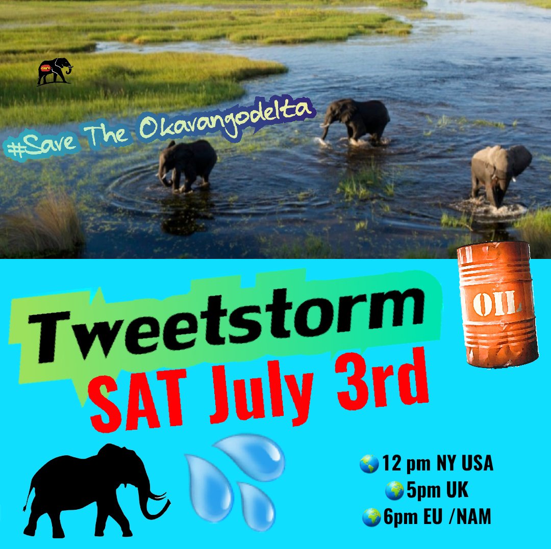 CitysFElephants's tweet image. 🐘💦 Please JOIN !!!
#Savetheokavangodelta
📣 TWEETSTORM  🗓SAT July 3rd
🌎12 pm NY USA
🌍5pm UK
🌍6pm EU /NAM

🛢#NoOilDrill  
🌍#Namibia 
🇳🇦 #NamGOV
💦 #WaterIsLife
