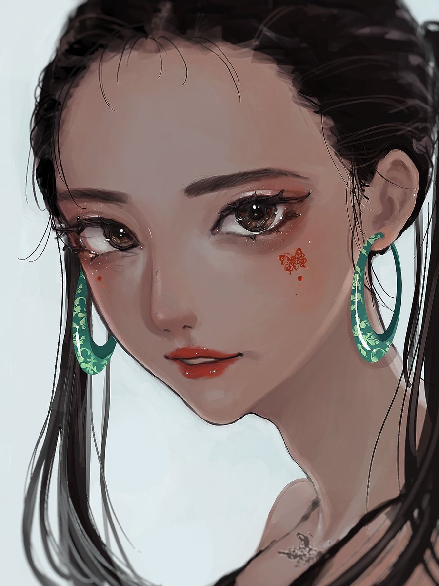 1girl solo jewelry earrings brown eyes dark-skinned female dark skin  illustration images