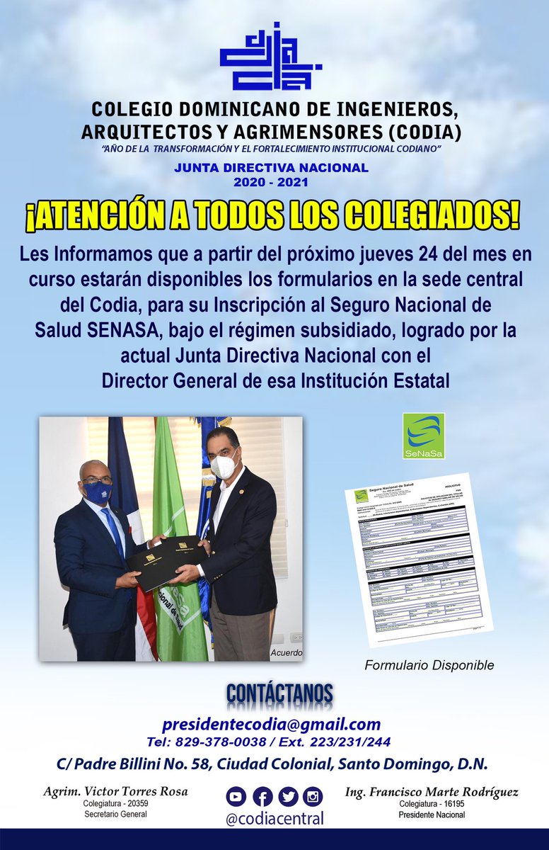 CodiaCentral's tweet photo. Atención a todos los colegiados, disponibles los formularios para la adquisición del carnet de Seguro del Senasa. #codiasalud #codiard #codiavirtual https://t.co/ZDIgsFrAxb