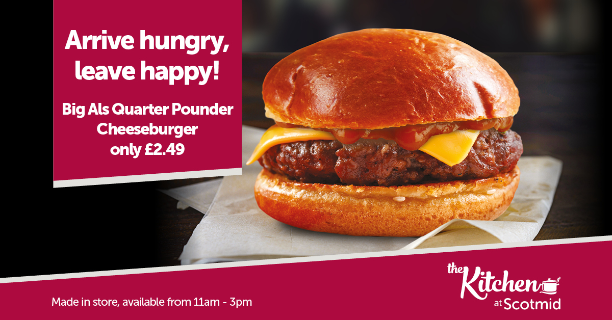 ScotmidKitchen's tweet image. Visit the Kitchen at Scotmid at lunch-time – Arrive Hungry and Leave Happy by picking up a delicious Big Als Quarter Pounder Cheeseburger for only £2.49 🍔
Available between 11am – 3pm

#thatshandy #burger #nohunger