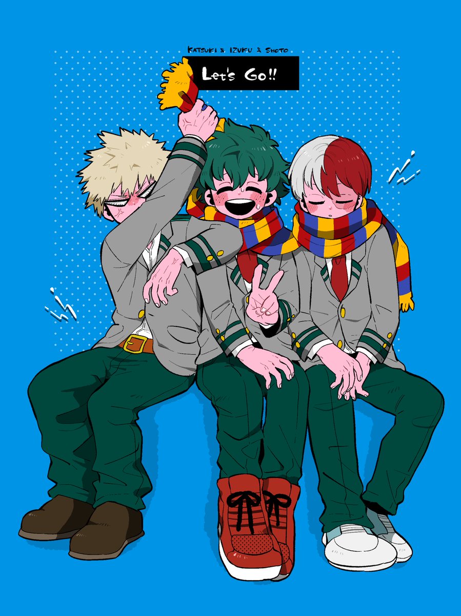 bakugou katsuki ,midoriya izuku ,todoroki shouto u.a. school uniform multiple boys 3boys school uniform scarf freckles male focus  illustration images