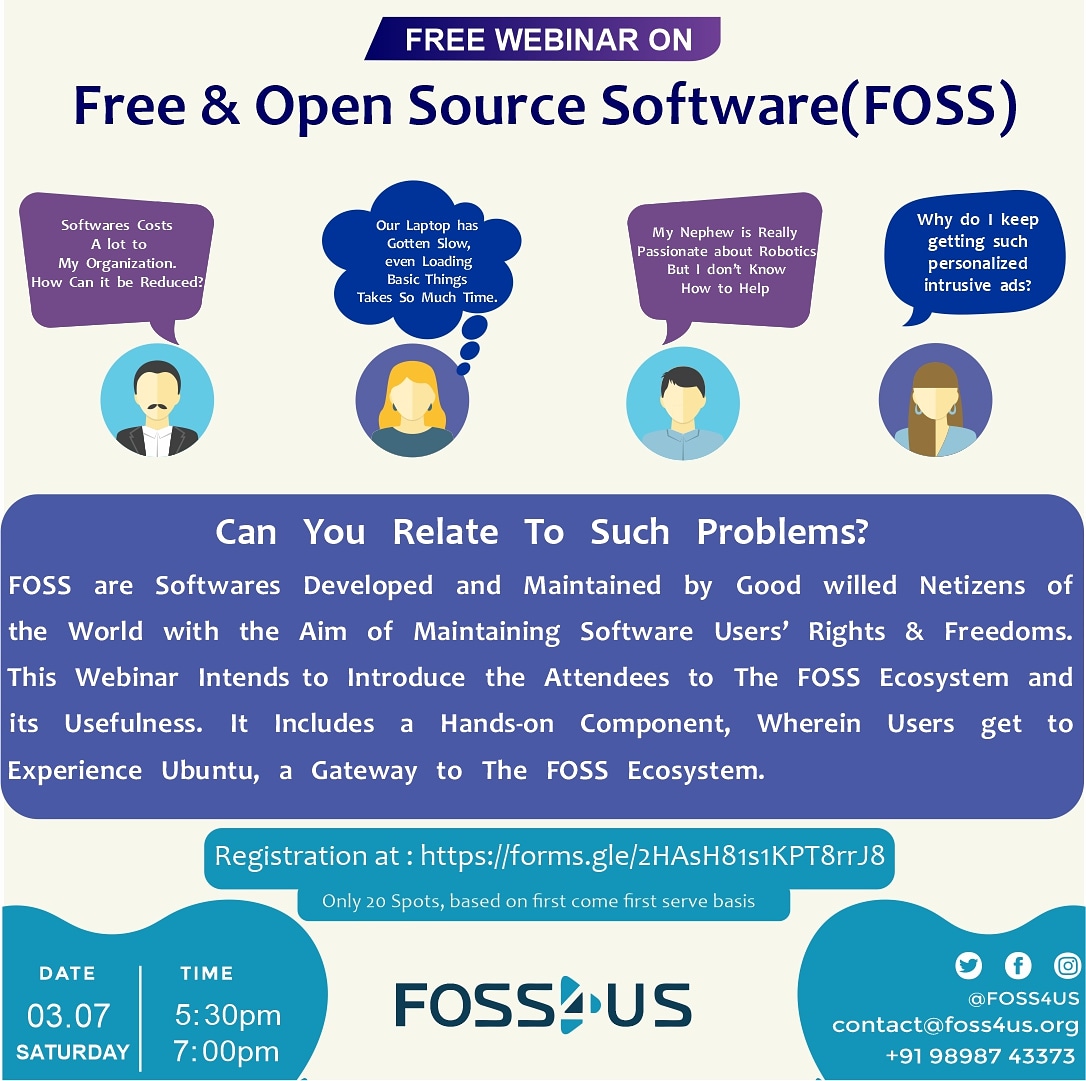 foss_4us's tweet image. Can you relate to such problems? If yes, feel free to join the session to learn about #FOSS
softwares and how they can be helpful in your pursuits. 
Link in Bio
#Foss4us #fossindia #opensource #linux 
#programming #coding #software #technology
