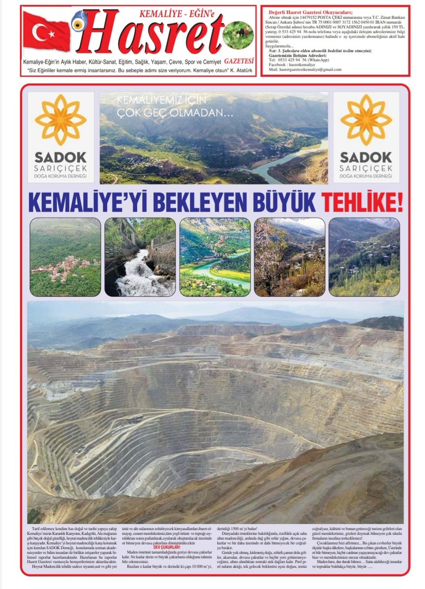 KEMALİYE'Yİ BEKLEYEN BÜYÜK TEHLİKE 
DEV ÇUKURLAR
Dünyadaki örneklerine bakıldığında özellikle açık saha altın madenciliği, ardında dağ gibi zehir yığını, devasa çukurlar ve bir daha üzerinde ot bitmeyecek bir coğrafya bırakır. #erzincan #kemaliye #kemaliyedealtınmadeniistemiyoruz
