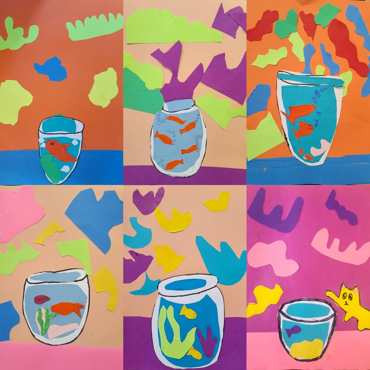 MrsStanleyArt's tweet photo. Final @LoudonvilleES 1st &amp; 2nd grade projects of the year! #Matisse inspired fishbowls! They loved "drawing with scissors" to create these little colorful creations! Fun, loose way to end the year. @northcolonieart #nccsart #matisse #collage #endoftheyear #drawingwithscissors https://t.co/REDBnZQ7AI