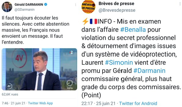 MelM_Mat0001's tweet photo. @GDarmanin La promotion de #Simonin, mis en examen dans l'affaire #Benalla pour violation du secret professionnel &amp; détournement d'images issues d'un système de vidéoprotection, fait-elle partie du travail collectif pour la dé-mobilisation au 2nd tour #regionales2021 ?
#DarmaninDemission ! https://t.co/7mtoMbnePR