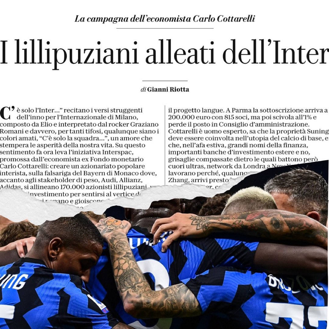 MarioCoxon's tweet photo. “Fratelli e Sorelle del mondo”, il magnifico editoriale di @riotta su @repubblica con l’appello alle interiste ad unirsi a @MariangelaPira, attualmente unica donna tra i “Fab 40” di #InterSpac, il progetto di azionariato popolare per l’Inter presieduto da @CottarelliCPI ⚫️🔵 https://t.co/hqYgmeZUTb