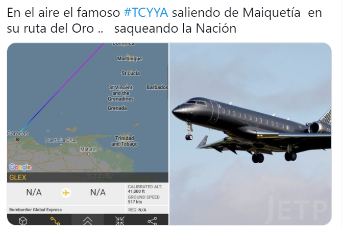 Noktatv24's tweet photo. Venezuela’da siyasi krizin ve uçuş kısıtlamalarının olduğu 2019 yılının Şubat ayında #TCYYA kodlu uçağın Caracas’a inmesi ayrıca dikkat çekti. Birçok Venezuela vatandaşı, bu uçuşları altın kaçakçılığı ile ilişkilendiriyor. https://t.co/nNyLLYly7J