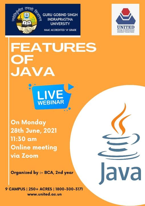 UnitedNoida's tweet image. BCA Department of United College presents live webinar on Features Of Java, Monday 28th June 2021
#Java #FeaturesofJava #WebinarOnJava
#UCE #UnitedGroup #Career #BCA #BBA #MBA #BTech #BPharm #DPharm #BAJMC #BALLB #BBALLB #Student #Education #UGI #AICTE #UnitedCollegeOfEducation