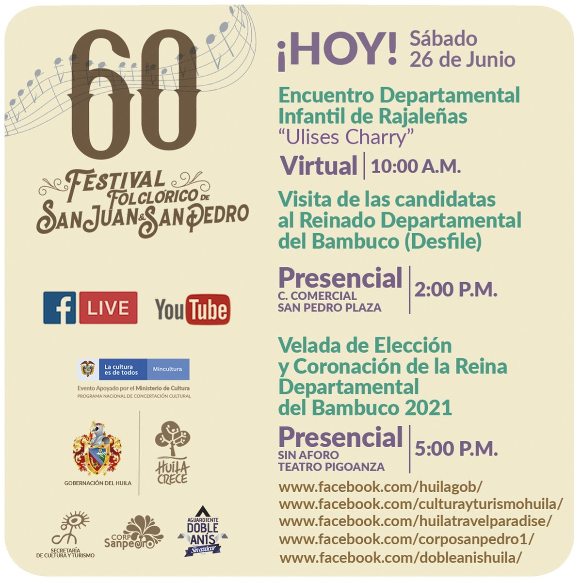 #FestivaldelBambuco 🎉Agéndate con el Festival 

🔸Encuentro Departamental Infantil de Rajaleñas “Ulíses Charry”.

🔶Desfile de las candidatas al Reinado Dptal. del Bambuco.

🔶Elección y coronación Reina Departamental del Bambuco. 

¡Huila Crece con Cultura! 🌳🧡