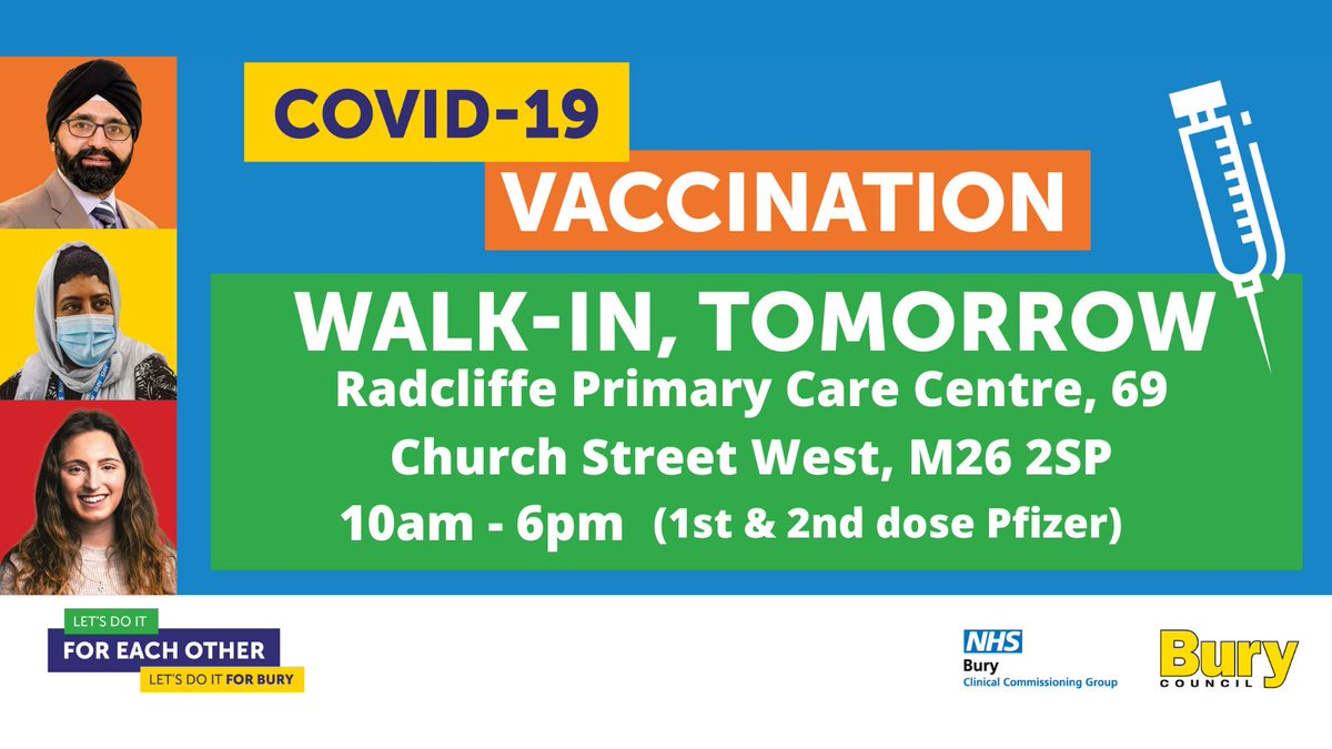 BuryCouncil's tweet photo. ‼️Walk in, no appointment needed, 1st &amp; 2nd Pfizer clinic tomorrow (27 Jun)‼️
Radcliffe Primary Care Centre, 69 Church Street West, M26 2SP
10am - 6pm ✔️
For anyone 18+ 👍
Second doses welcome if first dose 8+ weeks ago ✌️
@NHSBuryCCG https://t.co/SZOrP7K6xj