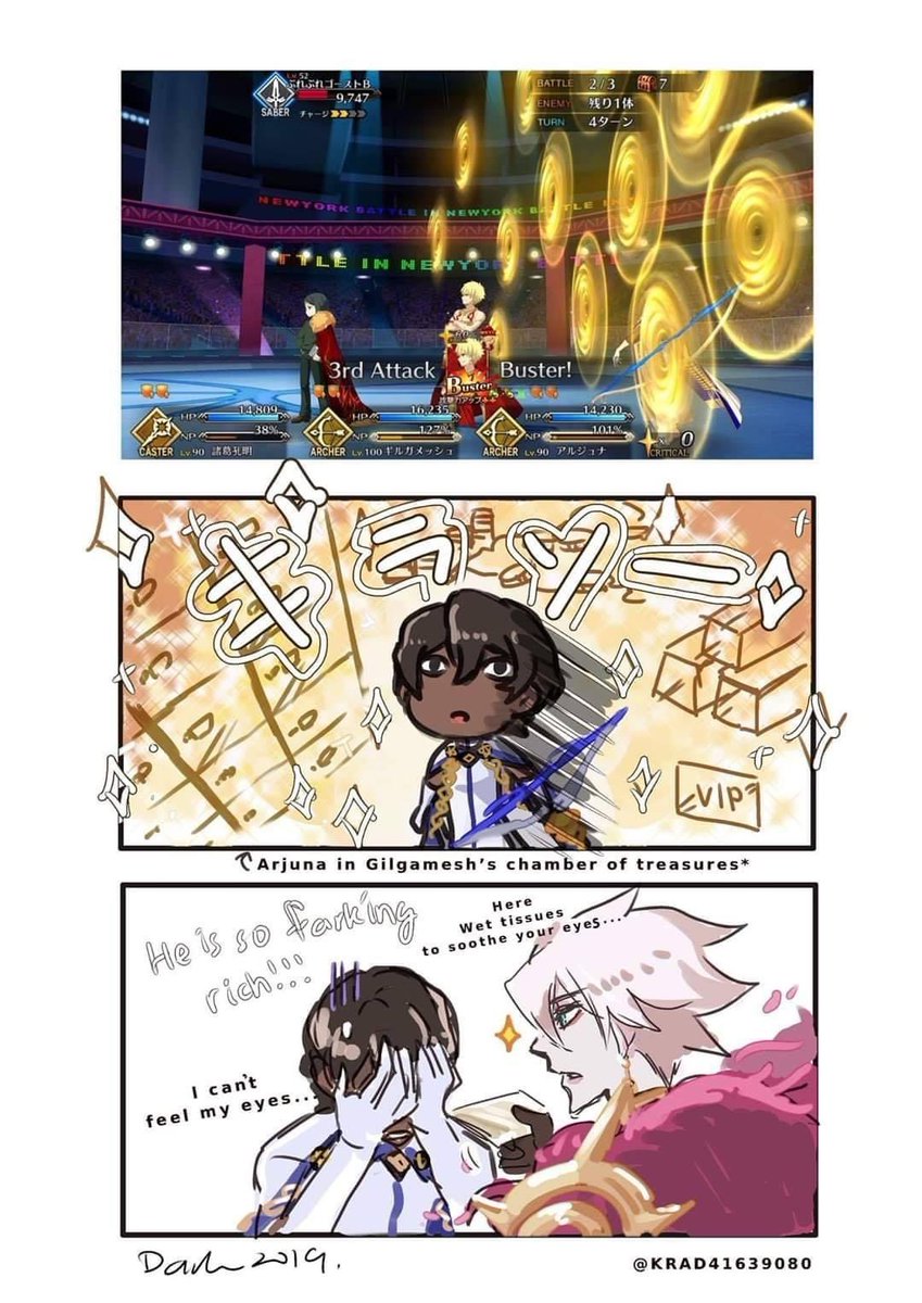 Repost of my old art.
When you are positioned behind Gil during Battle in New York event, and his Gate of Babylon passes through you.
And u inadvertently visited his chamber of treasures.

Plz don't repost w/o my permission. Thanks!

#fgo #FateGrandOrder 