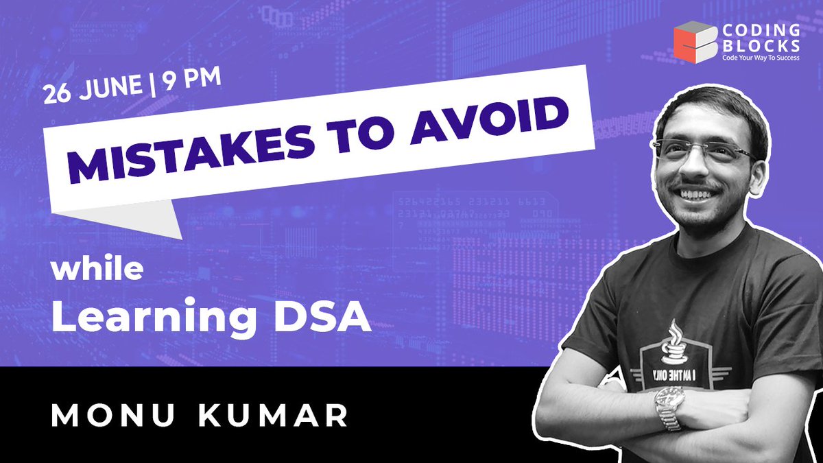 CodingBlocksIn's tweet image. Hey Coders,
Monu Bhaiya talks about the common mistakes that every beginner at programming must avoid. Watch this video to avoid these mistakes & become a better coder.
Set the reminder: cb.lk/dsam
#CodingBlocks #DataStructures #ProgrammingMistakes