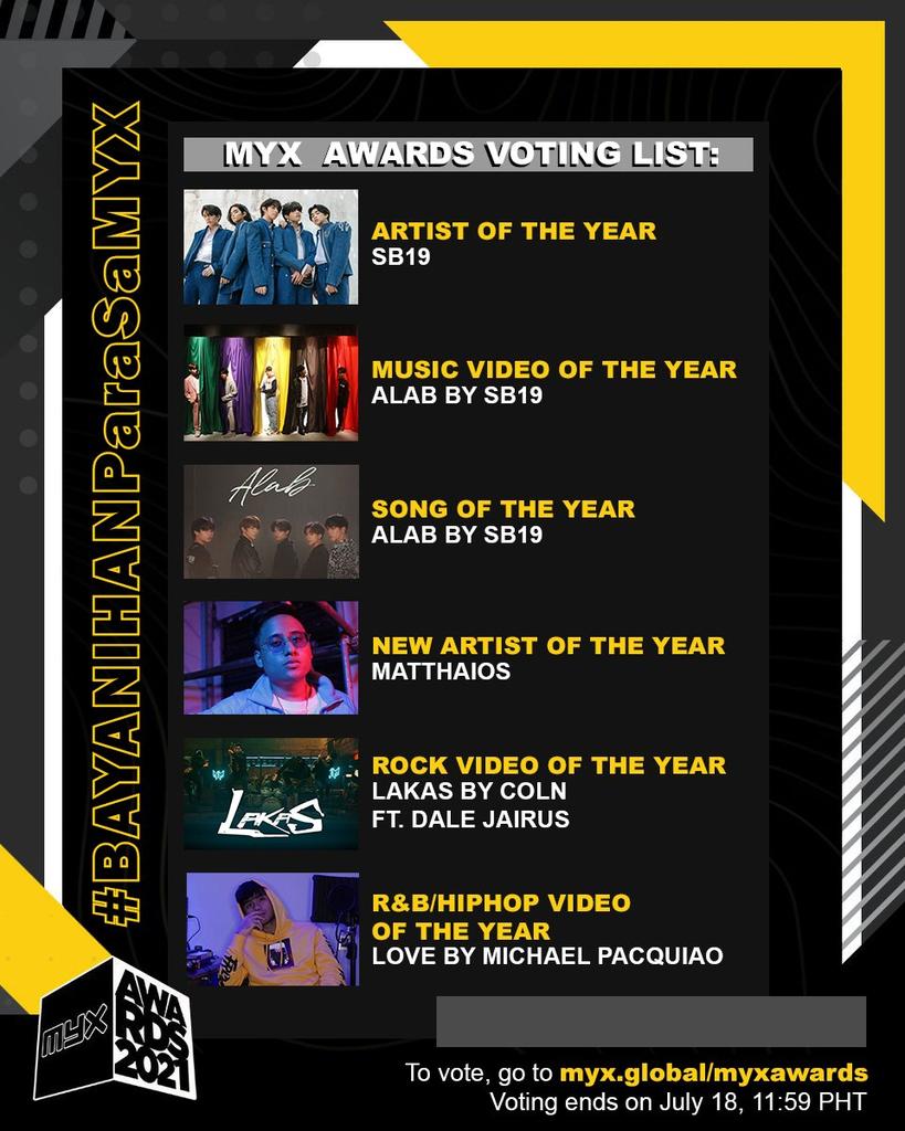CFGoffcl's tweet photo. [ MMA 2021 VOTING REMINDER ]

Hello, beautiful people! If you’re looking for a sign, here it is! Keep supporting @SB19Official, @Matthaios, @colnofficialtwr, &amp; @PacquiaoMichael on MYX Music Awards 2021!

Cast your votes at https://t.co/gRXsxODxtp

#BAYANIHANParaSaMYX https://t.co/V0GjHoGaxL