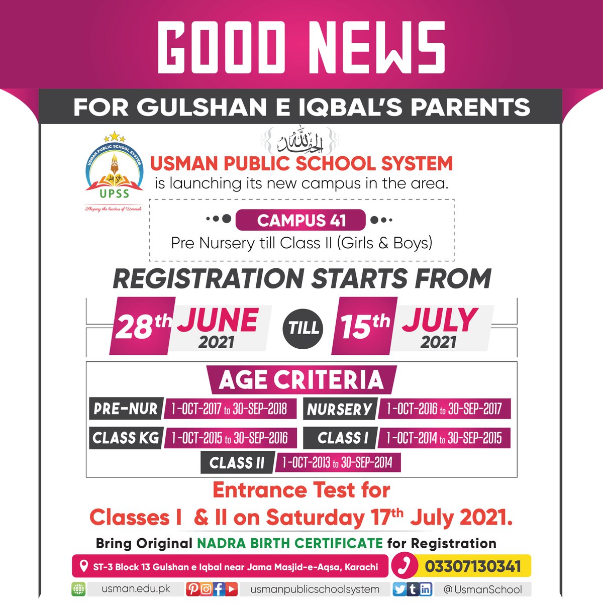 UsmanSchool's tweet photo. Good news for Gulshan E Iqbal's parents.
Alhamdulillah Usman Public School System is launching its #new #campus in the area
#gulshaneiqbal #Prenursery #nursery #KG #kindergarten #Pre_School https://t.co/HPsCtRtS8f
