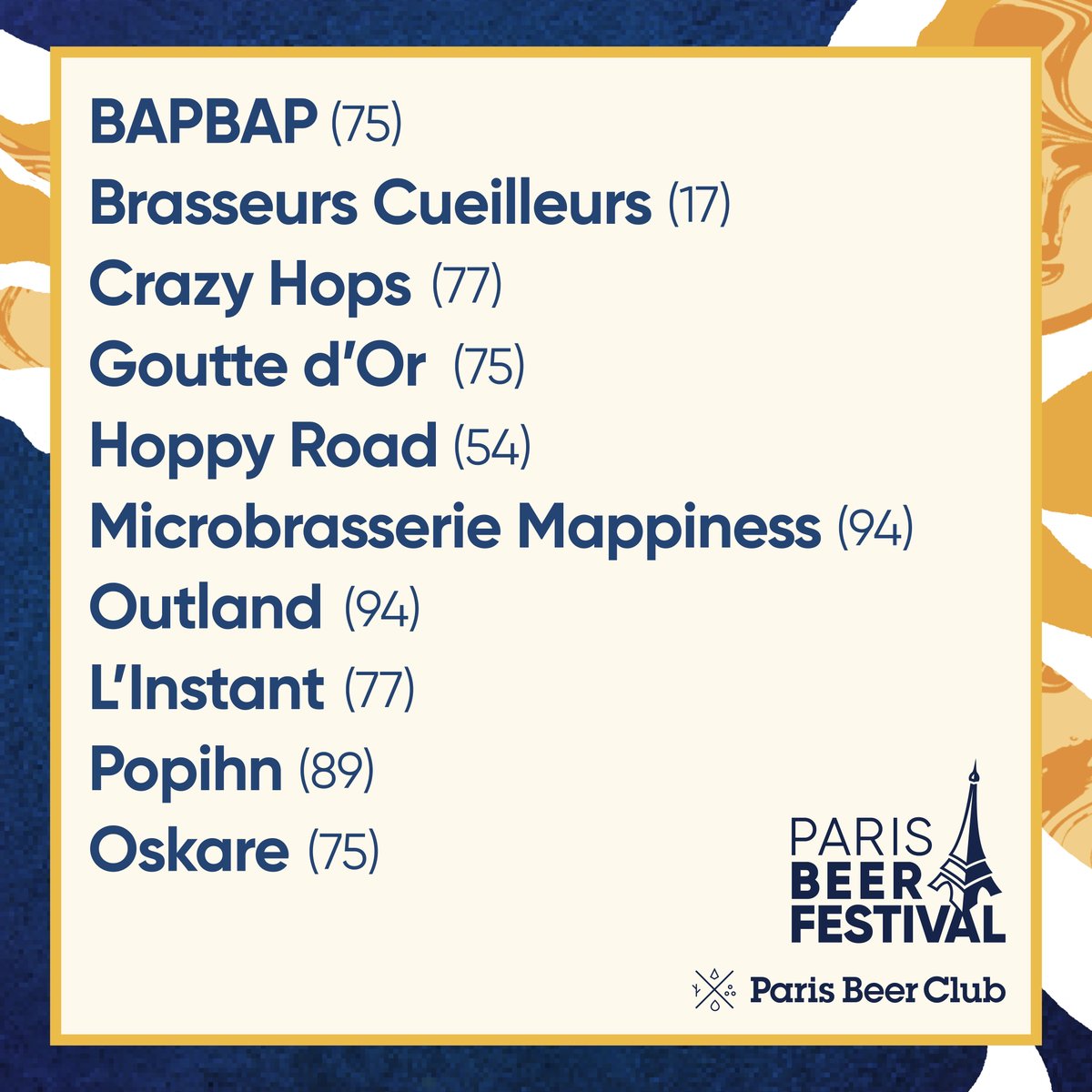 Et voilà 10 nouvelles brasseries à retrouver au w-e de clôture du Paris Beer Festival, les 4 et 5/09 à @Gro_ndControl : 

<a href="/bapbapbiere/">BAPBAP</a> 
<a href="/BrasseursCueill/">ArnauDDaCosta</a> 
<a href="/crazy_hops77/">Crazy Hops Brewery</a> 
<a href="/LBGOPARIS/">Goutte d'Or</a> 
Hoppy Road 
Mappiness 
<a href="/Outland_Brewery/">Outland Brewery</a> 
L'instant
<a href="/BrasseriePOPIHN/">Brasserie POPIHN</a> 
Oskare

On a méga hâte !! 🎉