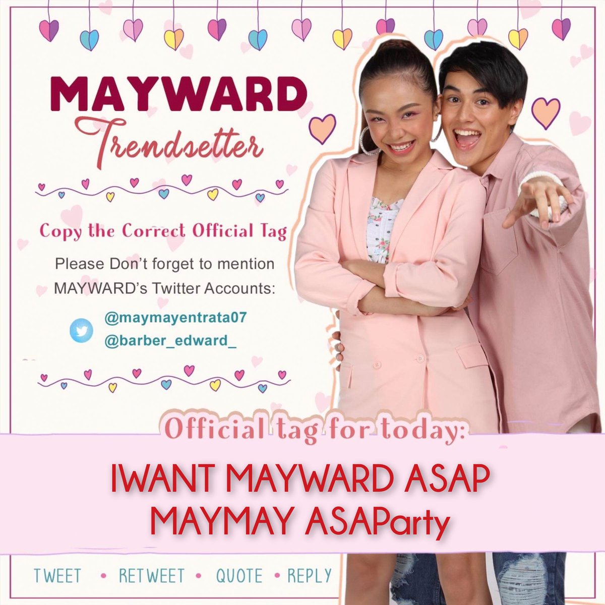 mwtrendsetter's tweet photo. Join us today as we celebrate another fun bonding moments with our fave online squad!

Abangan din mamaya ang live na live dance perf kasama si Maymay sa #ASAPKapamilyaForever ! 

OFFICIAL SET OF TAGS:

IWANT MAYWARD ASAP
MAYMAY ASAParty

#MayWard
@maymayentrata07 @Barber_Edward_ https://t.co/LDpp6RKQyG