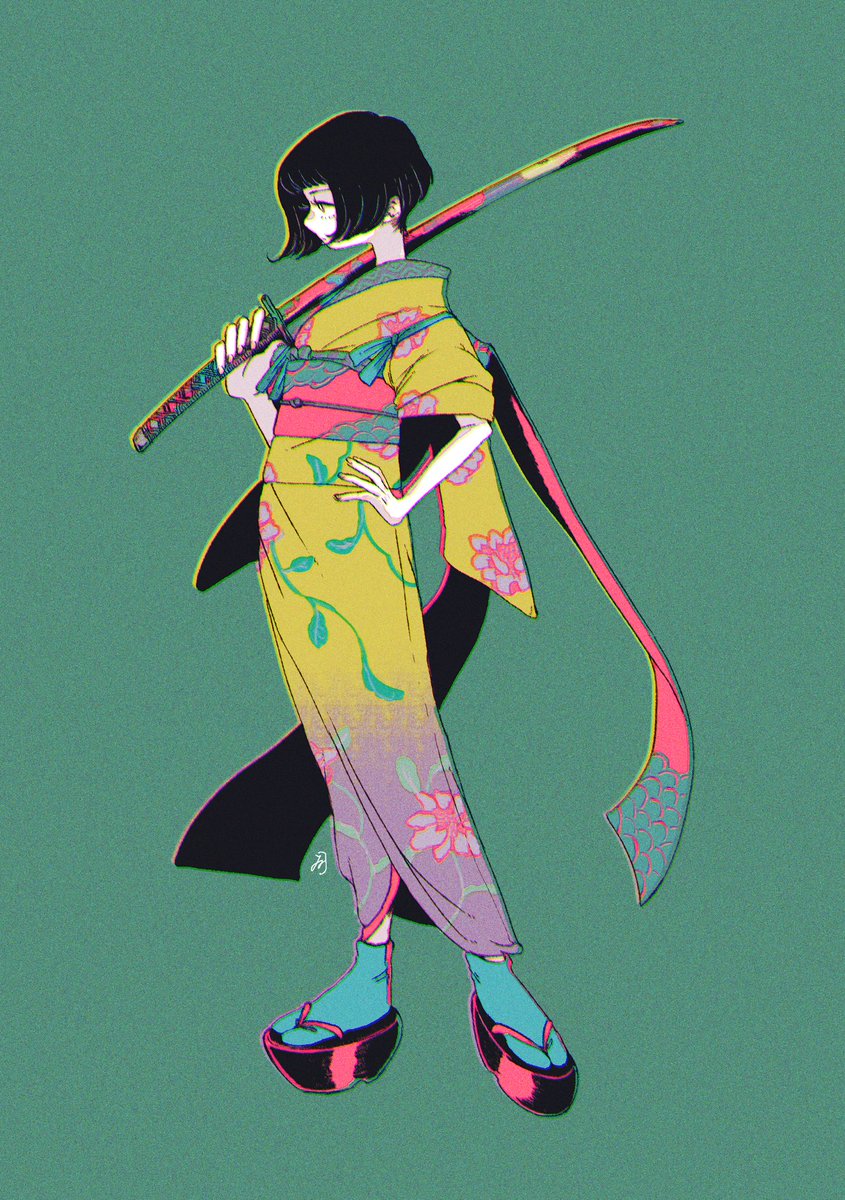 1girl solo sword japanese clothes weapon kimono black hair  illustration images