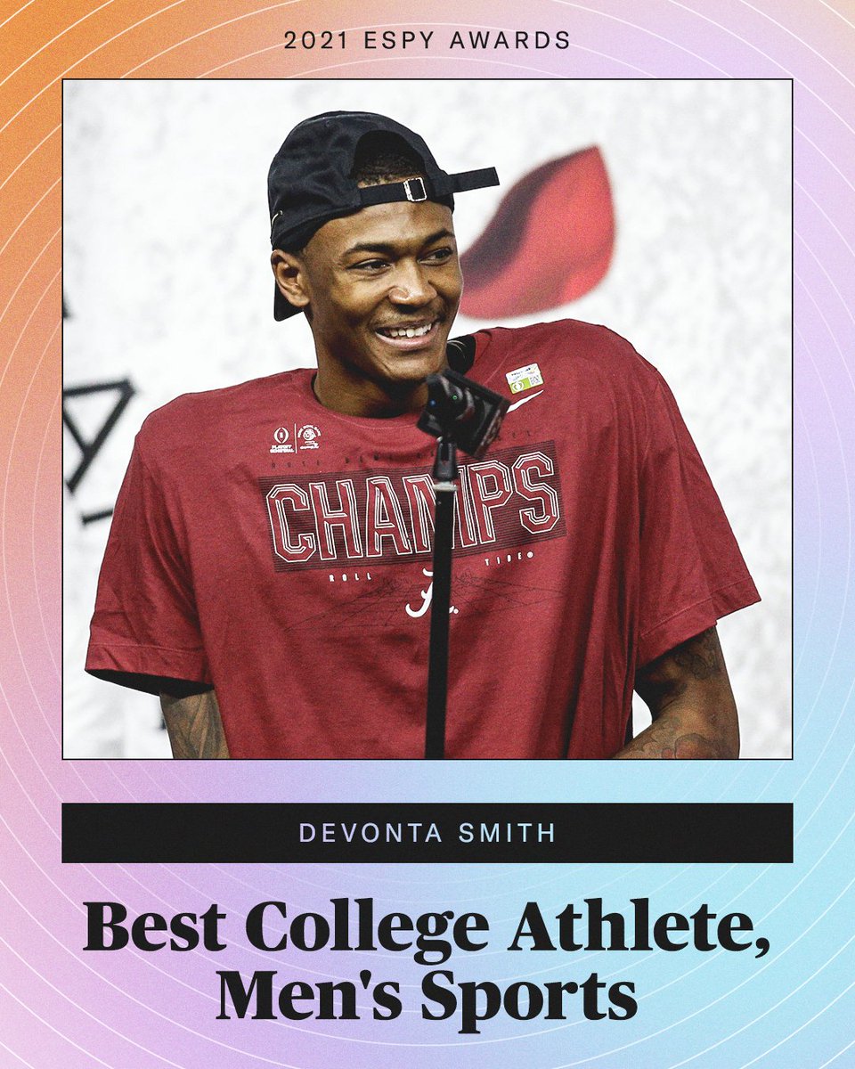 A dominant senior year at Alabama. Heisman winner. Two-time champ.

@DeVontaSmith_6 earns the ESPY for Best College Athlete in Men’s Sports 👏