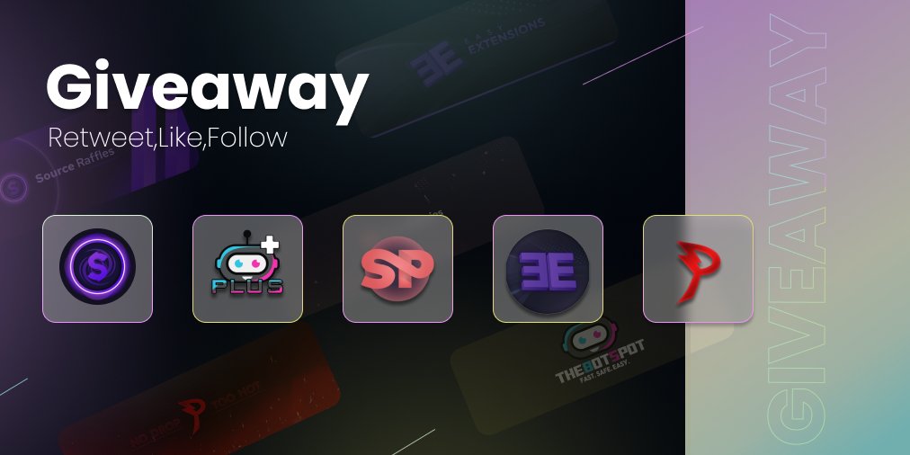 Giveaway 🥳 

Prizes:
1 x <a href="/SourceRaffles/">SourceRaffles</a> Beta key 
1 x @botspotrentals 10% off code
1 x <a href="/SauceProxy/">Sauce Proxies</a> 2 GB Resi 
1 x @EExtensionsAIO Account Pack
1 x @PyroProducts 2 GB Resi 

Rules:⚠️ 
- Follow all accounts ^ 
- Retweet 
- Tag a friend 

Good Luck! 🍀