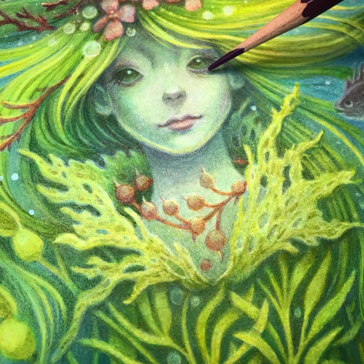 Neptune’s Dream, my latest painting. I read about the Roman goddess Salacia, who represented calm seas. I’ve always thought of kelp forests as calm and peaceful ecosystems, and this idea came about. #kelpforest #art #artists