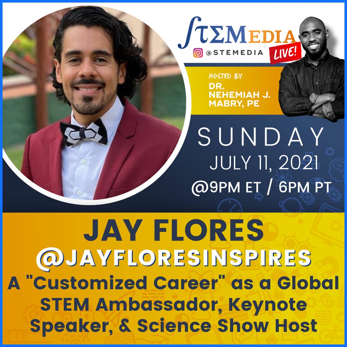 STEMedia's tweet photo. This week's guest on #STEMediaLIVE is @jayfloresinspires
"Let's change the world by inspiring young minds to keep doing cool things with STEM!"
Join us Sunday (7/11) at 9pm ET | 6pm PT on https://t.co/qYTrUAe5Lk
#STEMoutreach #engineering #STEM #entrepreneurship #stemeducation https://t.co/Soa09bg7MP