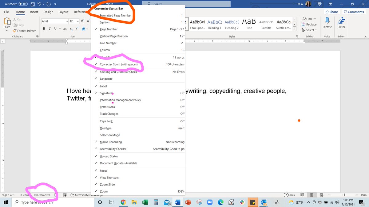 AryaCampaigns's tweet photo. PSA: Did you know you can add the character count to the bottom ribbon of your #MSWord document?! I JUST discovered this.π€¦ββοΈ
Go to the ribbon and right click.
#AryaWritingTips
#MedicalWriter
#CopyWriter
#CopyEditor
#AmEditing
#AcWri https://t.co/DaVLMlbfwG