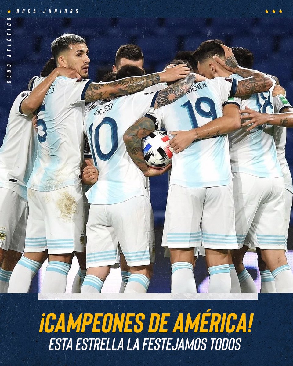 BocaJrsOficial's tweet photo. ¡Felicidades, Selección @Argentina, otra vez campeón de América! 

Felicitaciones a los jugadores, al staff técnico y a cada integrante del plantel. 

Esta estrella la festejamos todos.  
#VamosArgentina 🇦🇷💙💛💙 https://t.co/LQaEB6kJIw