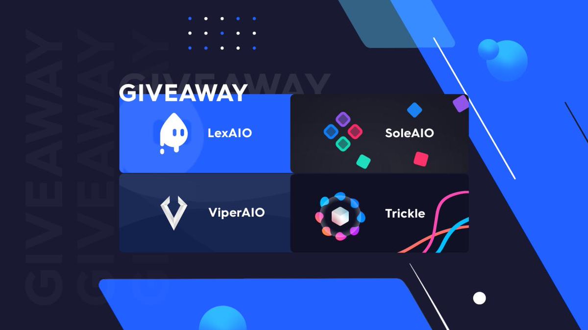 Huge Giveaway! 🎊

 Prizes 🎁:
• 1x <a href="/Lexus_AIO/">LexAIO</a> Renewal Key
• 1x <a href="/ViperAIO_/">Viper</a>  Renewal Key
• 3x <a href="/soleaio/">Sole AIO</a> Monthly Key
• 1x <a href="/tricklebot/">TRICKLE</a> Monthly Key  

To enter:
• FOLLOW <a href="/Lexus_AIO/">LexAIO</a> <a href="/ViperAIO_/">Viper</a> <a href="/soleaio/">Sole AIO</a> <a href="/tricklebot/">TRICKLE</a>
• RT &amp; LIKE this tweet

Ends in 72 hours! Goodluck 🥳