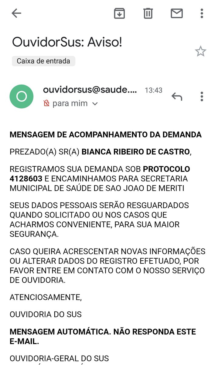 Aqui vcs podem perceber quanto tempo eu brigo pelos direitos do meu filho.
Resposta do MP quando meu filho tinha 11 meses e a denúncia mais recente ao <a href="/minsaude/">Ministério da Saúde 🩵</a> .
Ambas, sem solução.
Esse é o país que vivemos.
Eu, mãe, lutando contra um sistema podre.
Que só nos humilha!