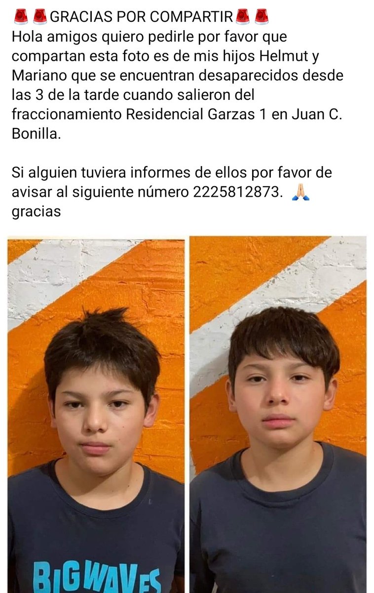 gomezcarlos79's tweet photo. 🚨 #URGENTE 
Los gemelos Helmut y Mariano salieron del fraccionamiento Residencial Garzas 1 en Juan C Bonilla, y hasta el momento no aparecen.
Ayuda a localizarlos: 👇 https://t.co/IOqeNllJVf