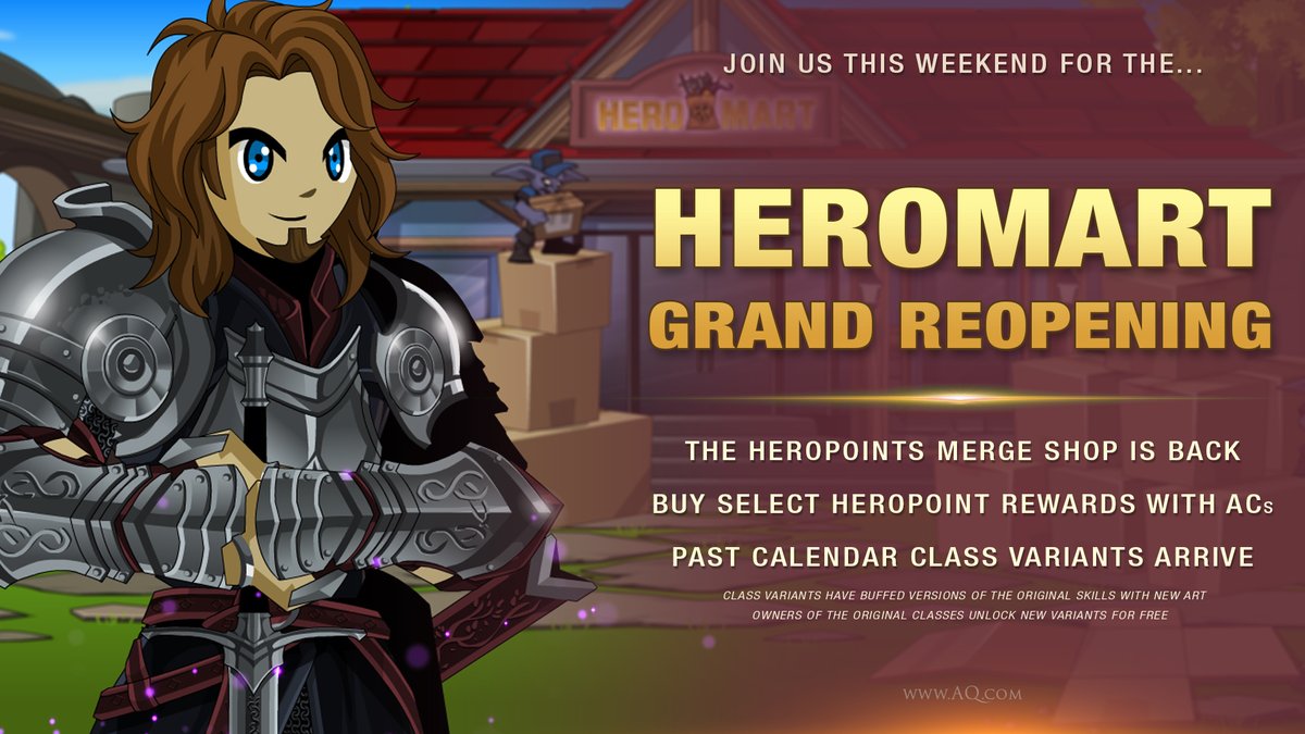 This weekend is the grand reopening of the HeroMart map in AdventureQuest Worlds! The HeroPoints merge shop returns, we're adding the ability to buy select NEW HP rewards with AdventureCoins, and calendar class variants arrive! aq.com/gamedesignnotes